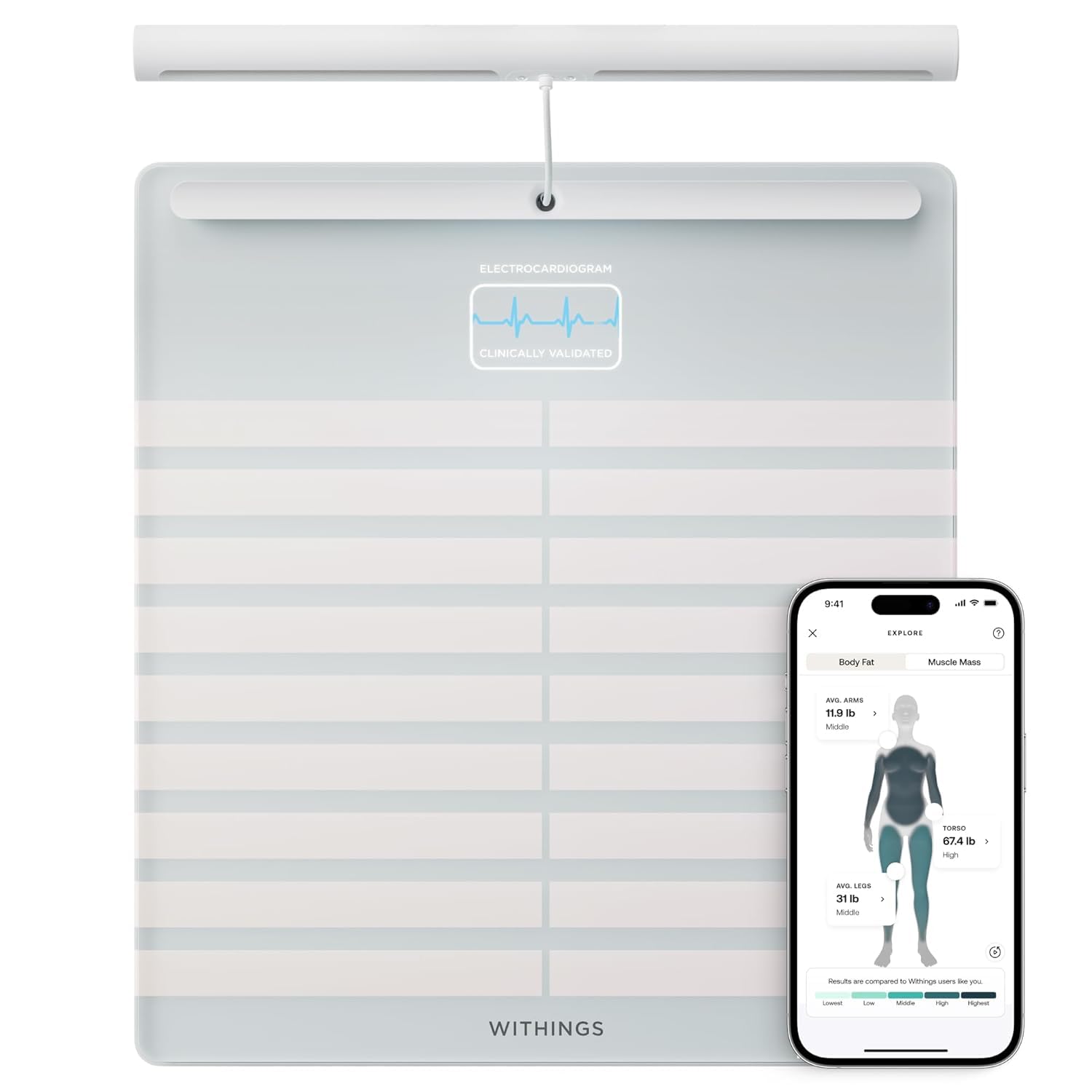 Withings Body Scan frontal mostrando diseño limpio y sensores integrados