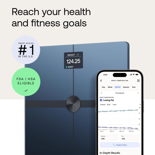 WITHINGS Body Smart pantalla a color mostrando peso y métricas para lectura clara