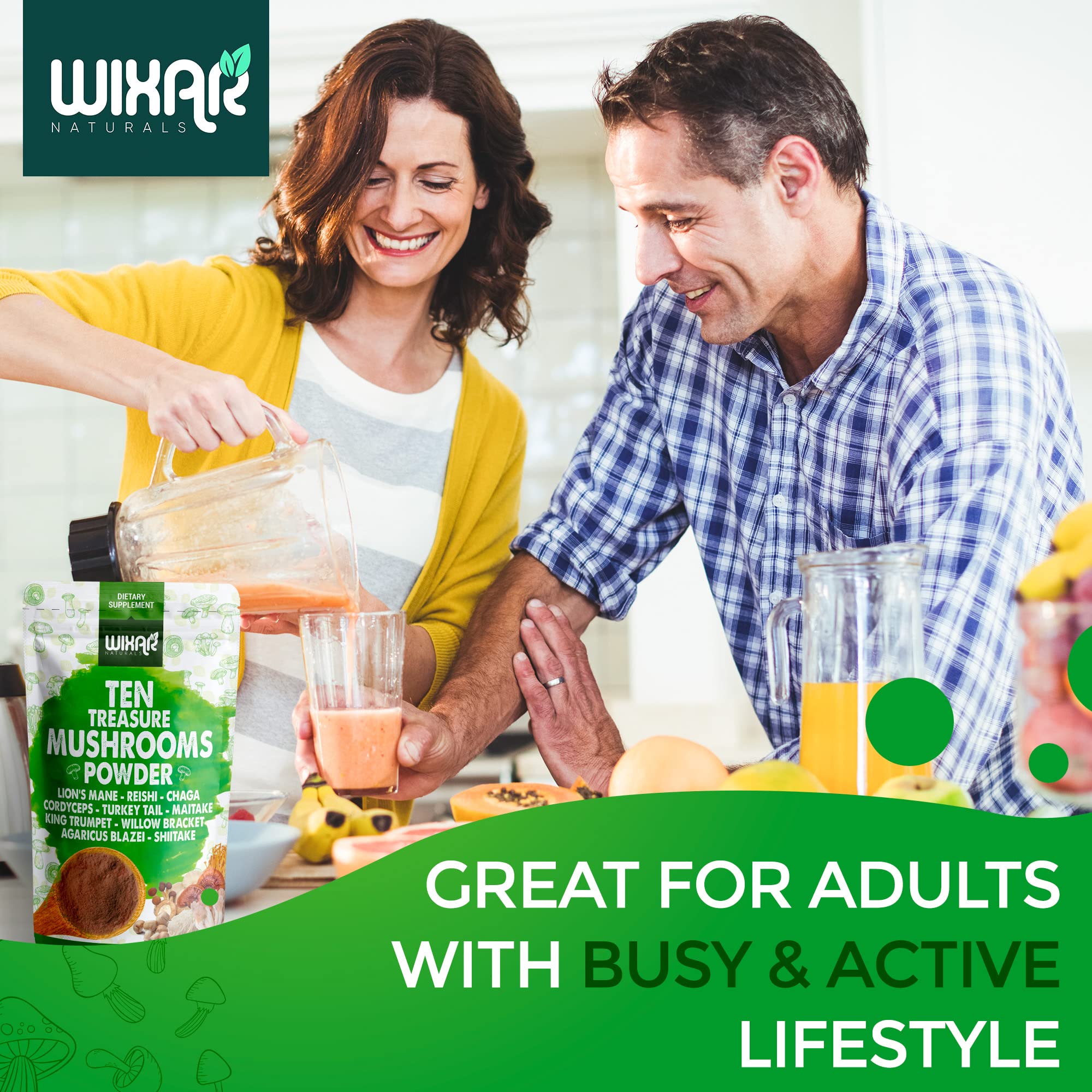 WIXAR NATURALS detalle de etiqueta con lista de diez hongos y calidad