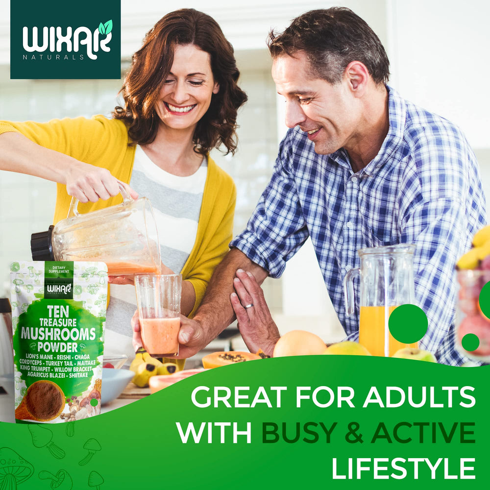 WIXAR NATURALS detalle de etiqueta con lista de diez hongos y calidad