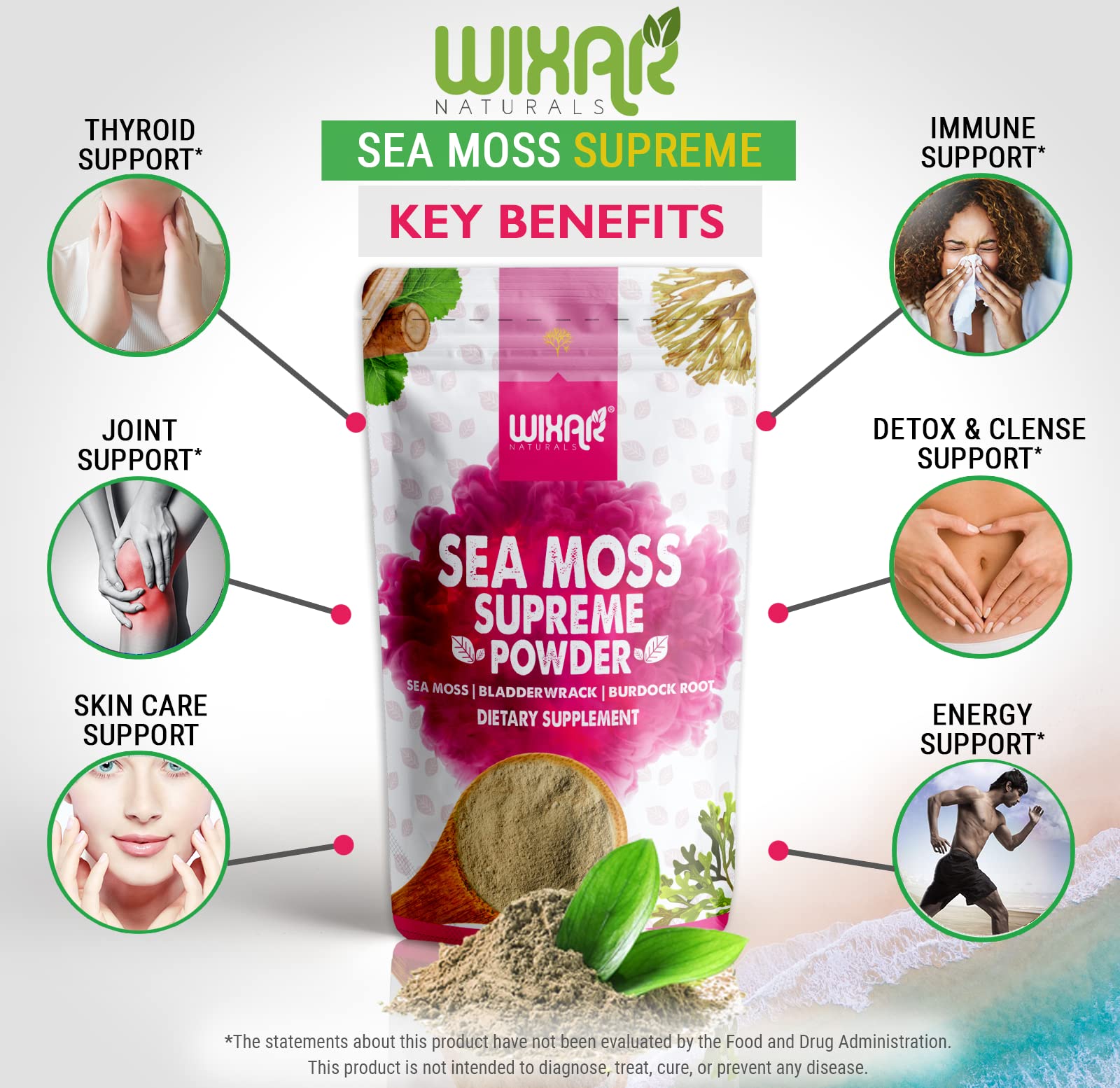 WIXAR NATURALS ingredientes secos mostrando sea moss, bladderwrack y burdock juntos