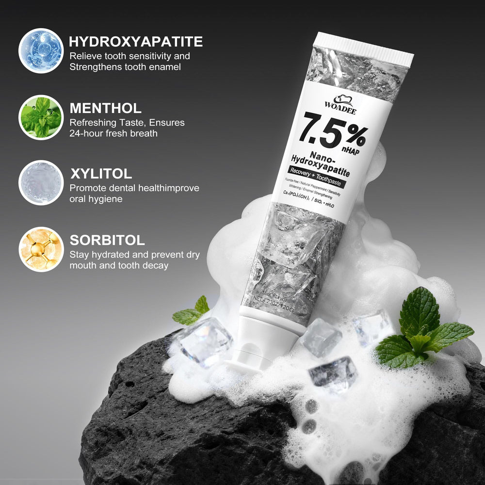 Woadee etiqueta con ingredientes destacando hidroxiapatita al 7,5%