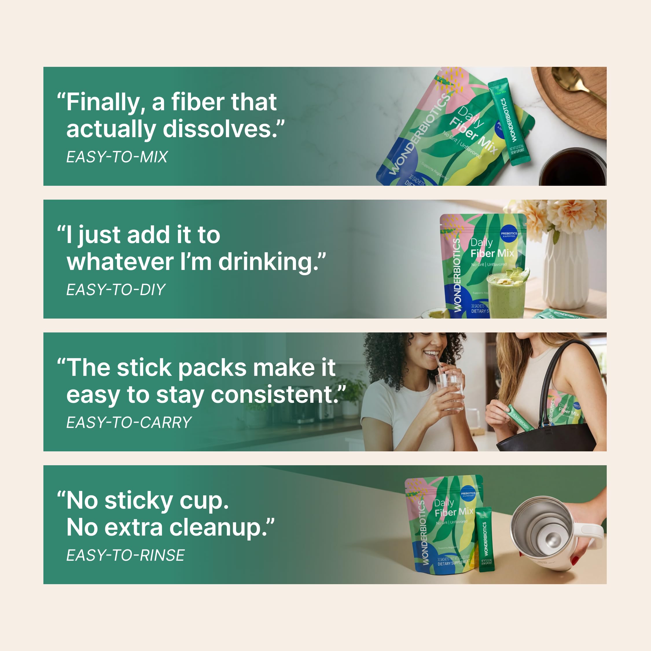 WonderBiotics disolución clara en vaso mostrando mezcla sin residuos y fácil consumo