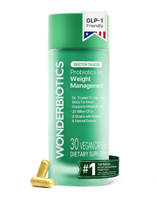 WonderBiotics frasco frontal mostrando diseño y cantidad de cápsulas, promueve conveniencia