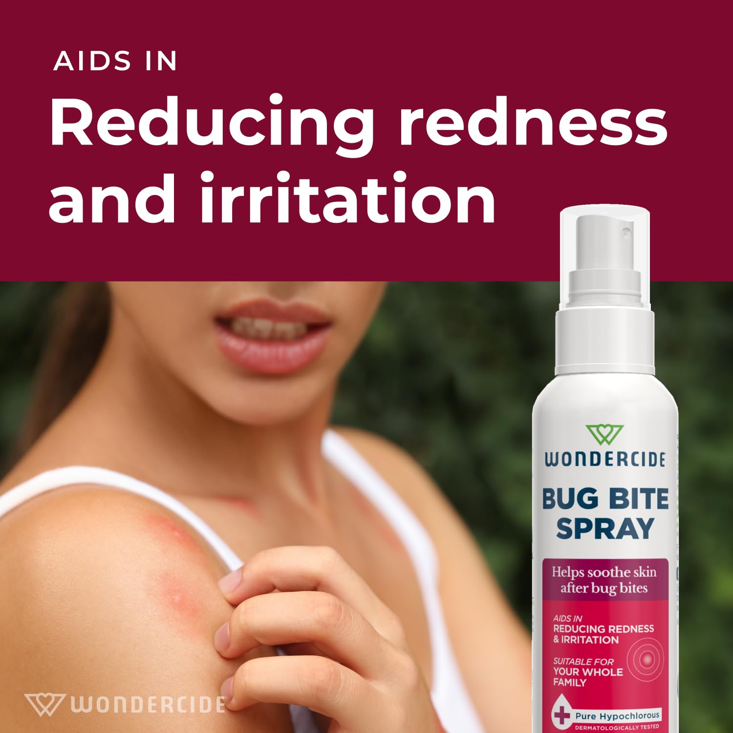 Wondercide uso en piel en mano aplicando spray para alivio inmediato