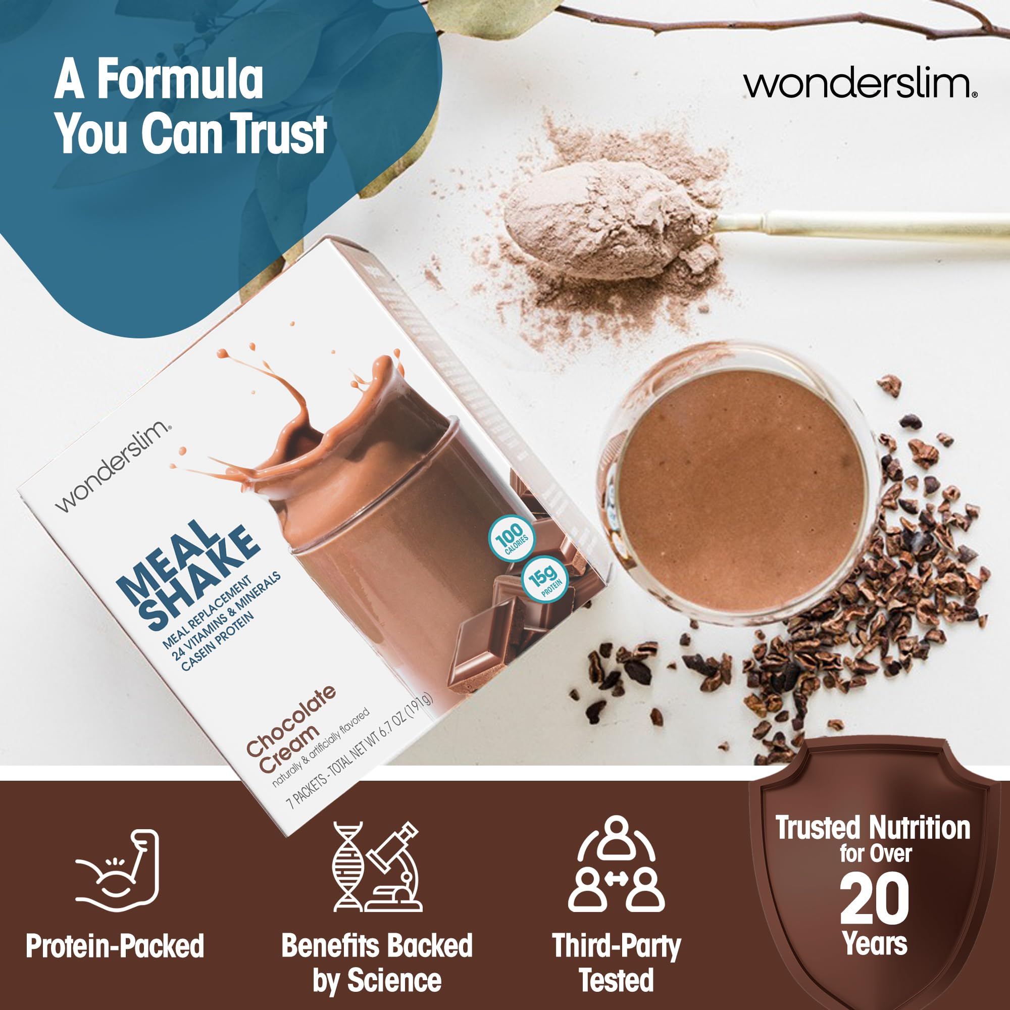 WonderSlim batido servido en vaso listo para beber, sabor cremoso y saciante