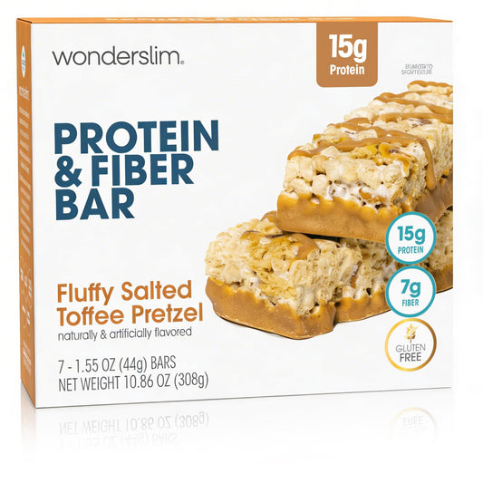 Wonderslim empaque frontal mostrando sabor salted toffee pretzel y conveniencia