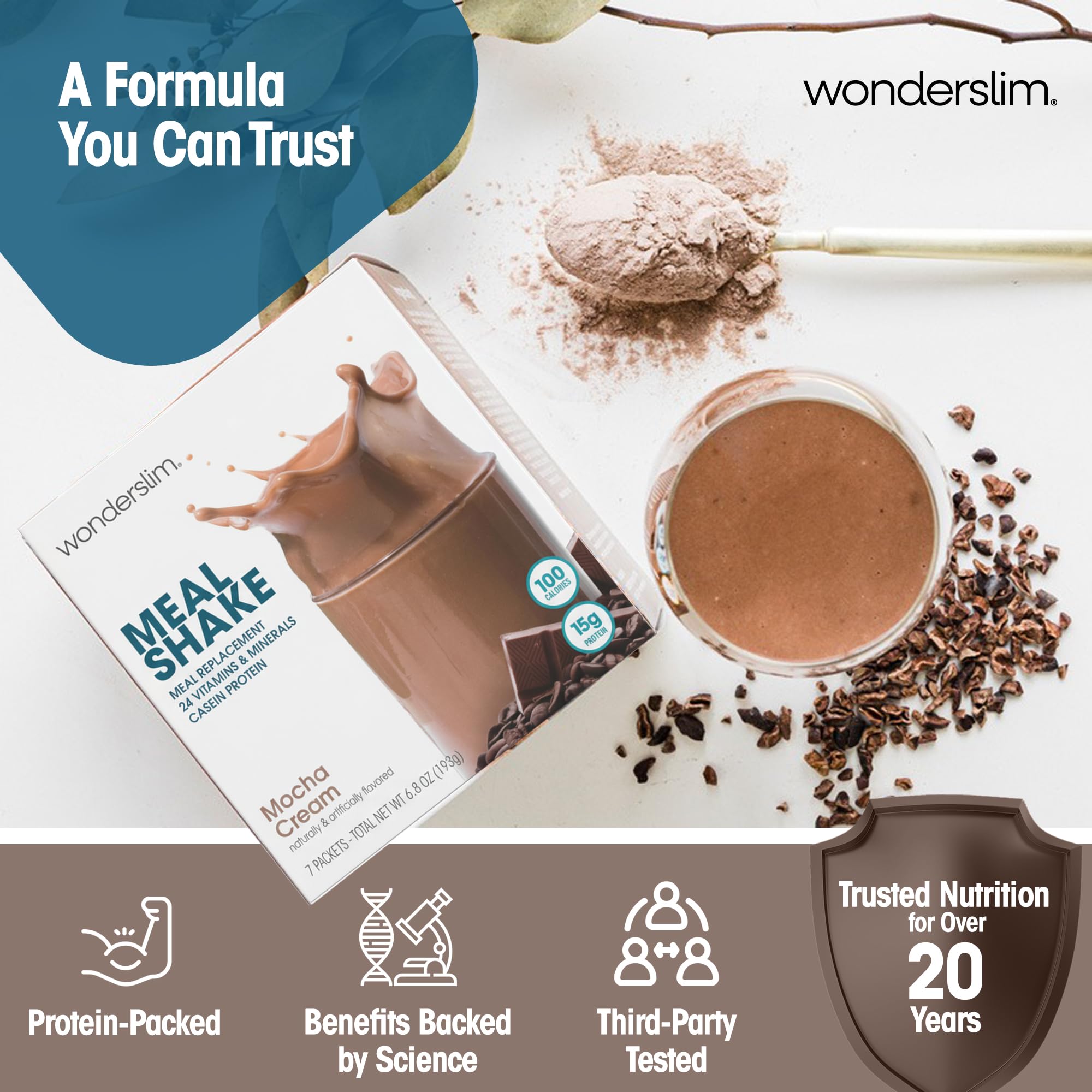 WonderSlim polvo en cuchara detalle que destaca mezcla fácil y sin grumos
