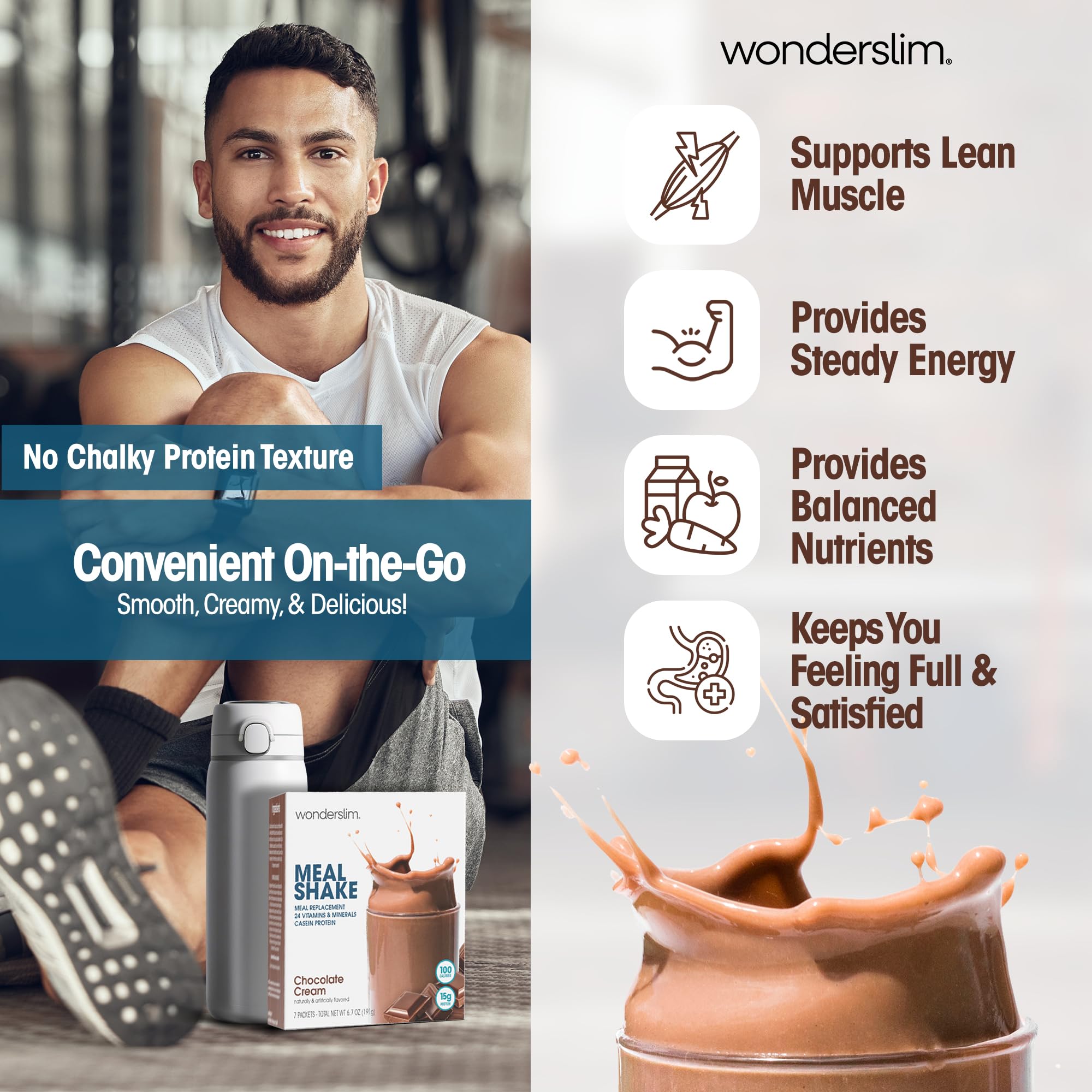 WonderSlim polvo de chocolate textura cremosa vista cercana para mezcla suave