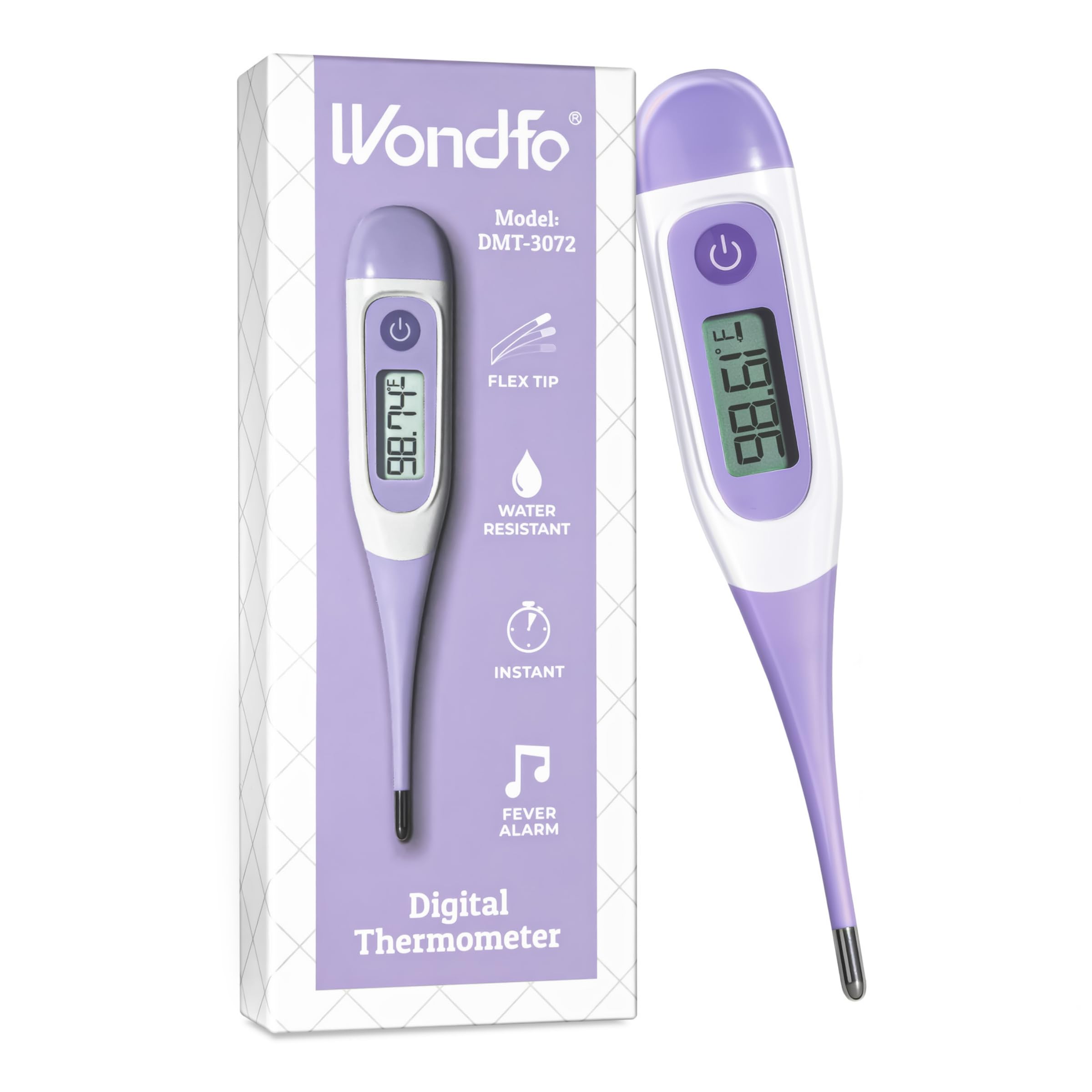 Wondfo termómetro frontal mostrando pantalla LCD para lecturas claras