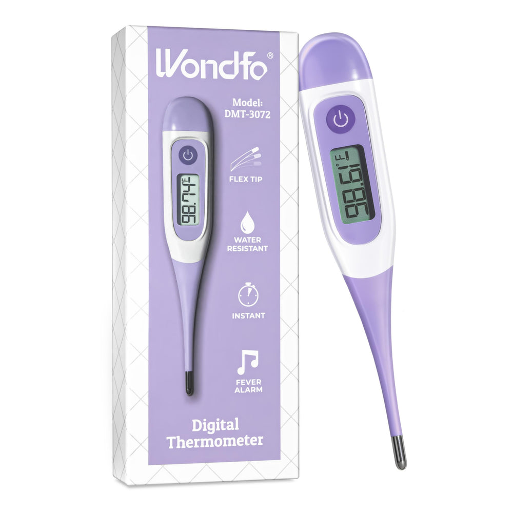 Wondfo termómetro frontal mostrando pantalla LCD para lecturas claras