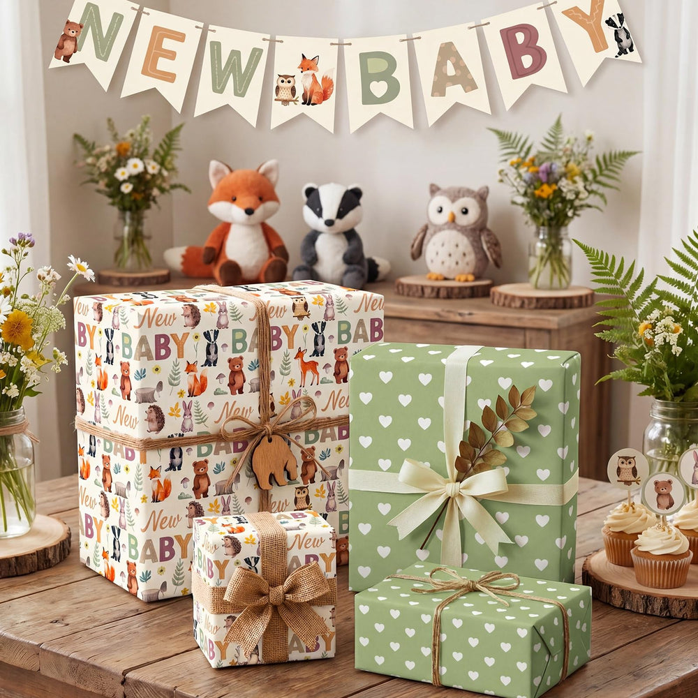 Woric escena de mesa de baby shower decorada con papel como fondo