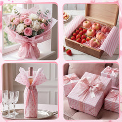 woric ambiente de fiesta con papel de seda rosa decorando mesas y paquetes