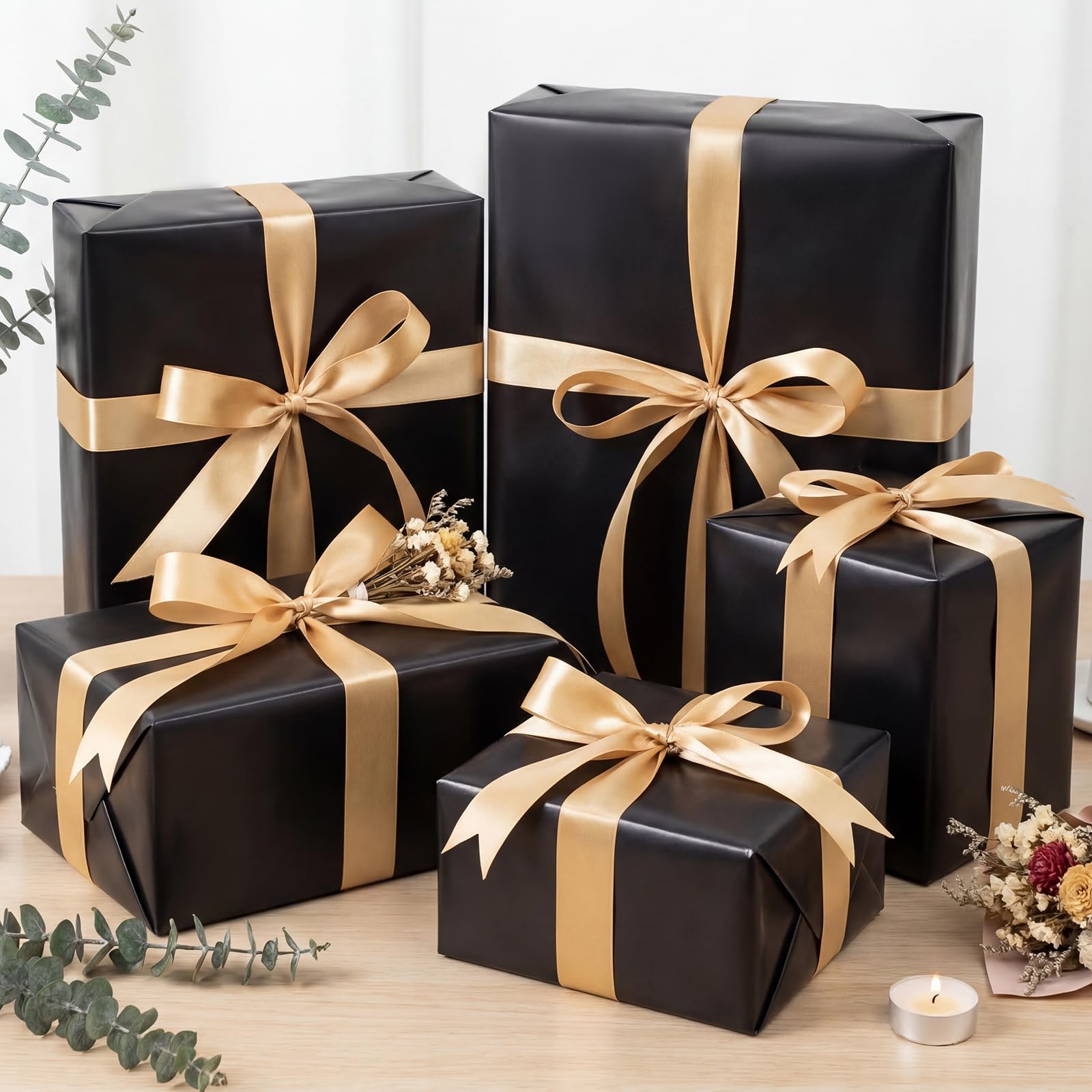 woric regalo terminado con papel negro metálico listo para entrega