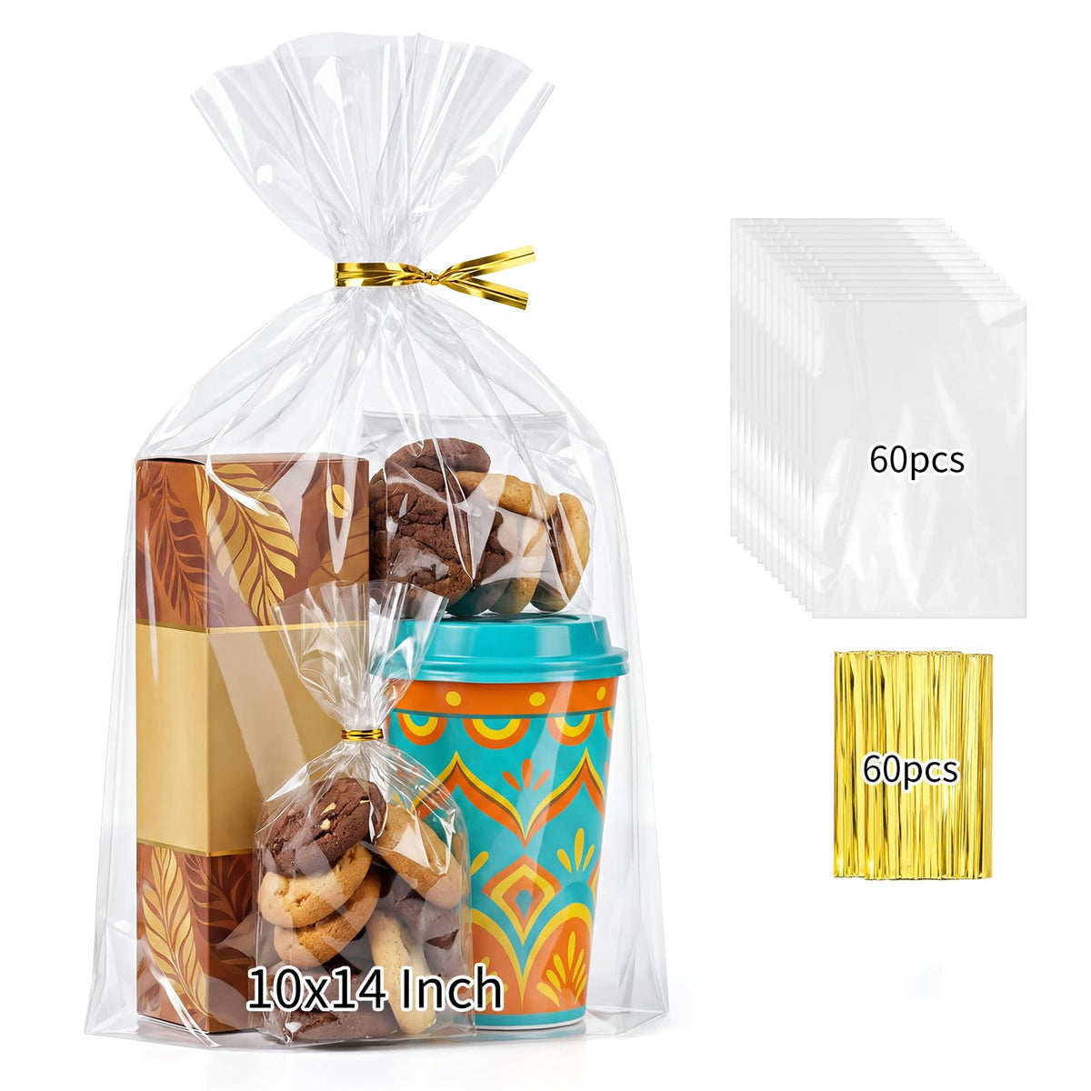 woric frente del empaque mostrando 60 bolsas claras, práctico para eventos