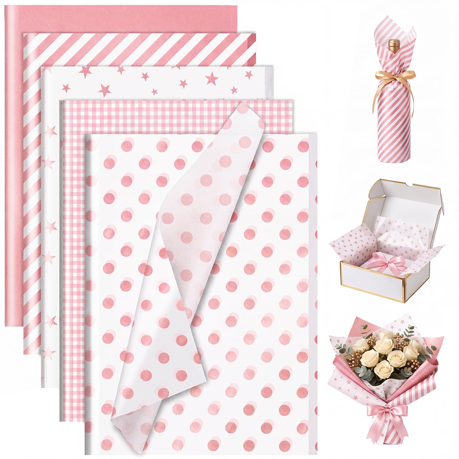 woric paquete frontal de papel de seda rosa mostrando cantidad y diseño, mejora la presentación