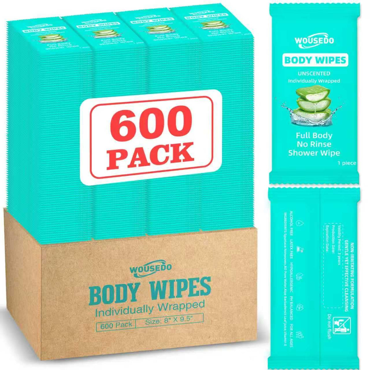 WOUSEDO empaque frontal mostrando 600 toallitas para ahorro inmediato