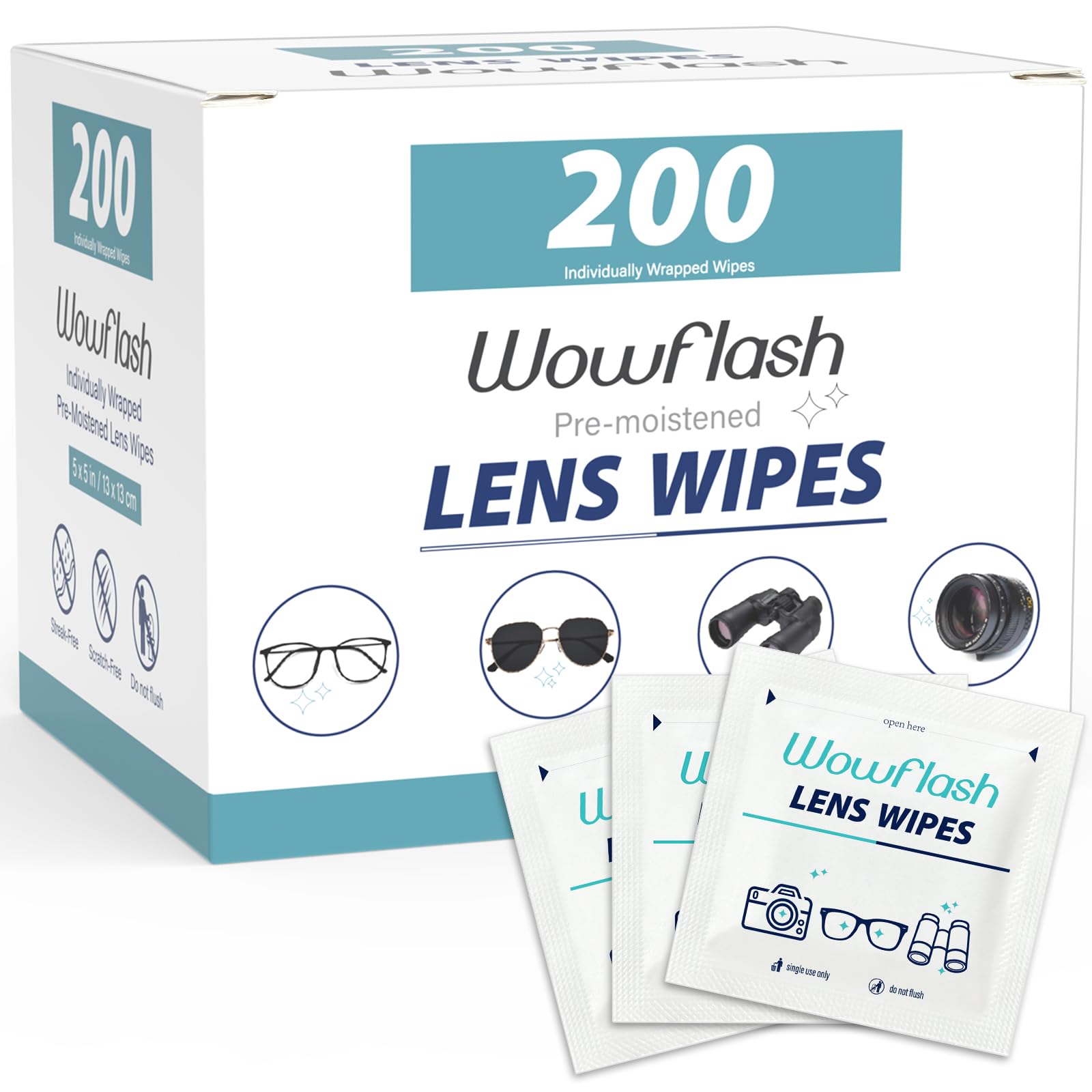 Wowflash envase frontal mostrando 200 toallitas, práctico y económico