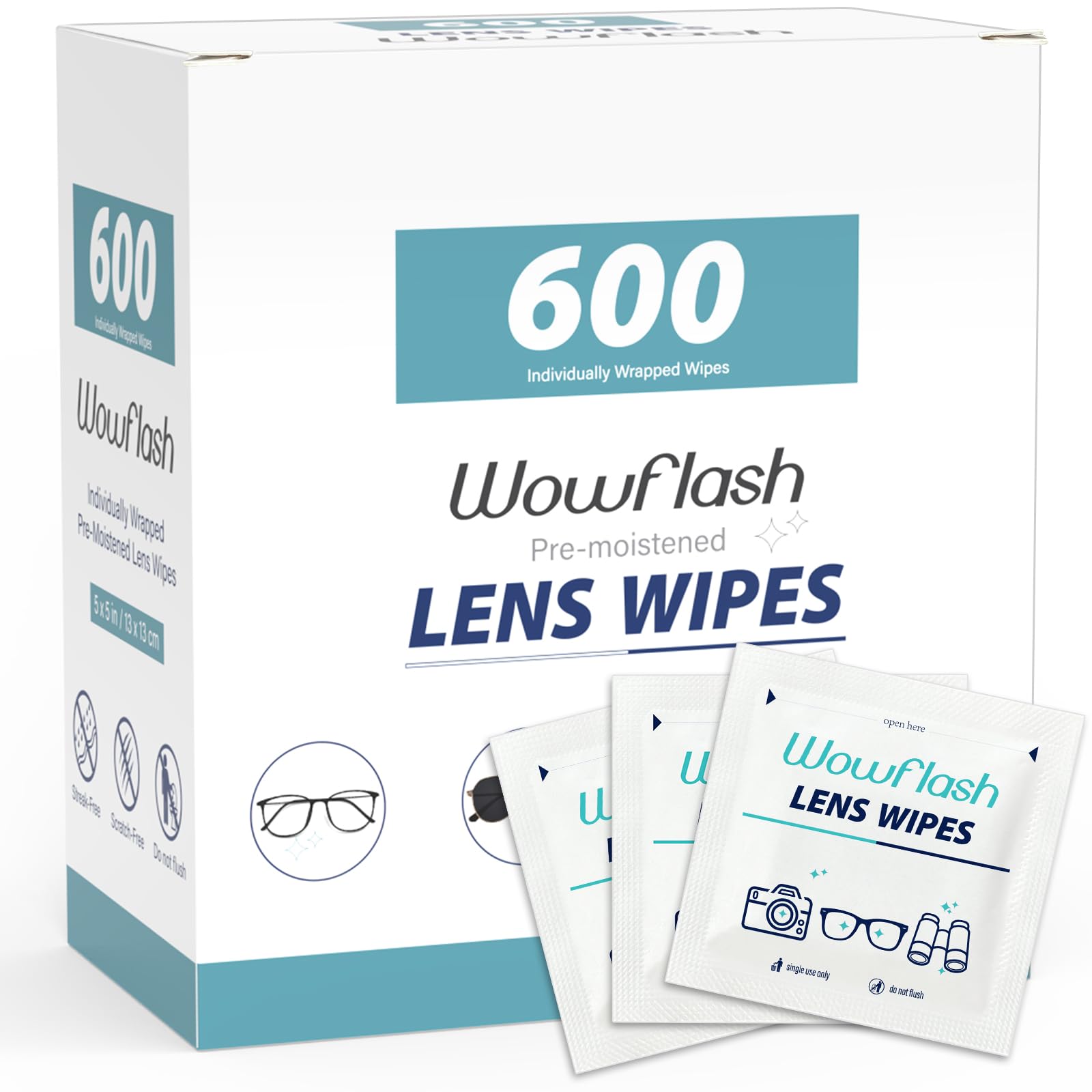 Wowflash empaque frontal mostrando 600 toallitas y ventaja de cantidad