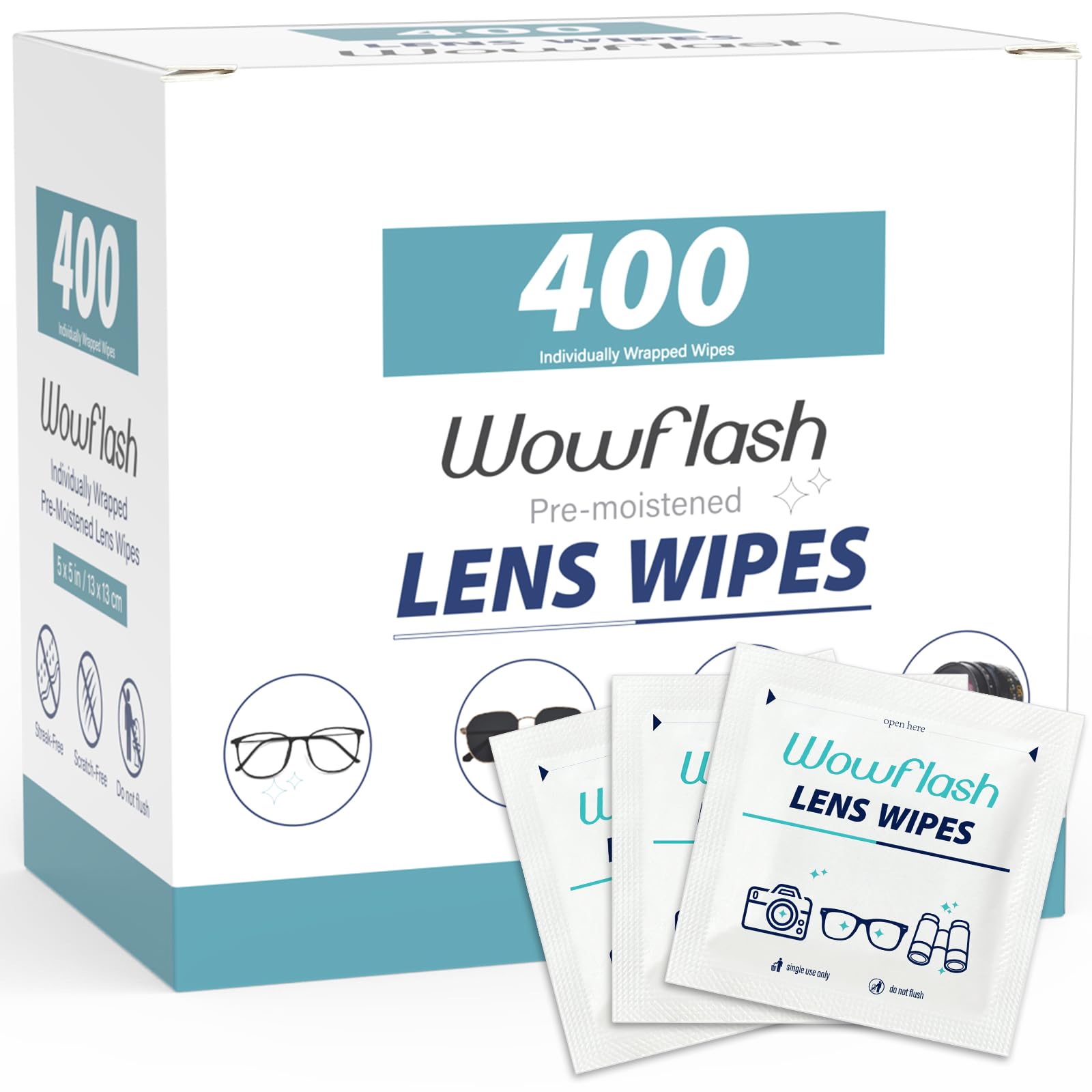 Wowflash frente del envase con 400 toallitas, solución práctica para limpieza diaria