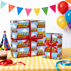 WRAPAHOLIC primer plano de letras y nubes que alegran los regalos