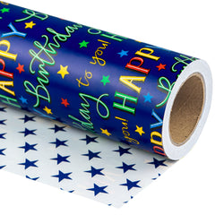 WRAPAHOLIC frente del rollo mostrando diseño Happy Birthday y colores vivos para regalos