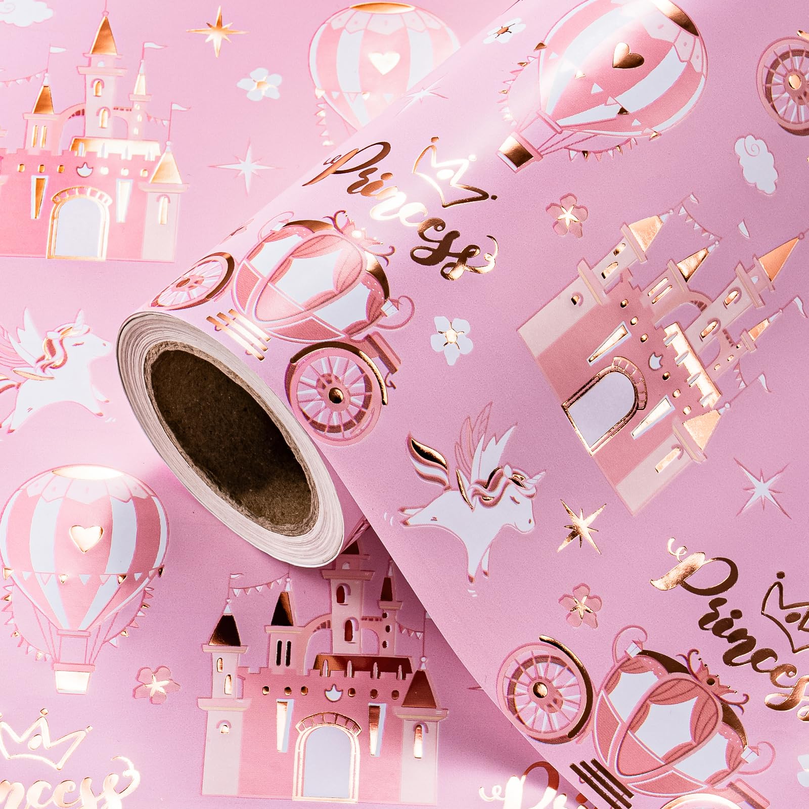 WRAPAHOLIC rollo frontal mostrando patrón princesa y foil rosa para impacto visual