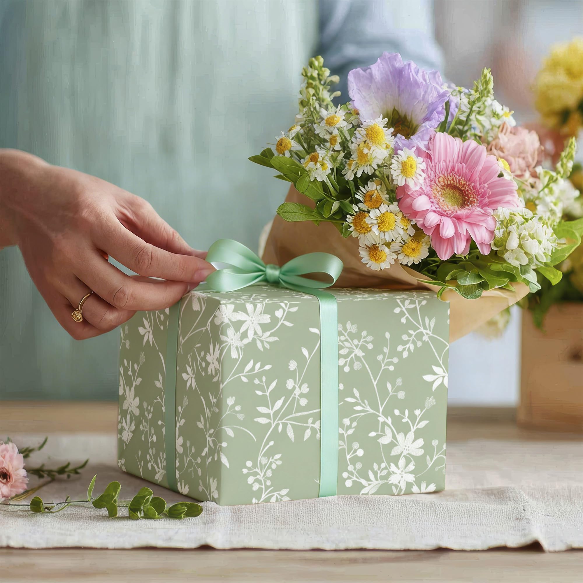 WRAPLULU etiqueta y lazo combinados con papel verde sage para acabado refinado