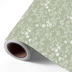 WRAPLULU rollo completo verde sage mostrando patrón floral y longitud útil