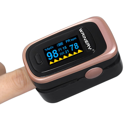 WRINERY pantalla OLED encendida mostrando SpO2 y pulso con claridad
