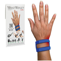WristWidget frontal en azul mostrando diseño y ajuste rápido para comodidad