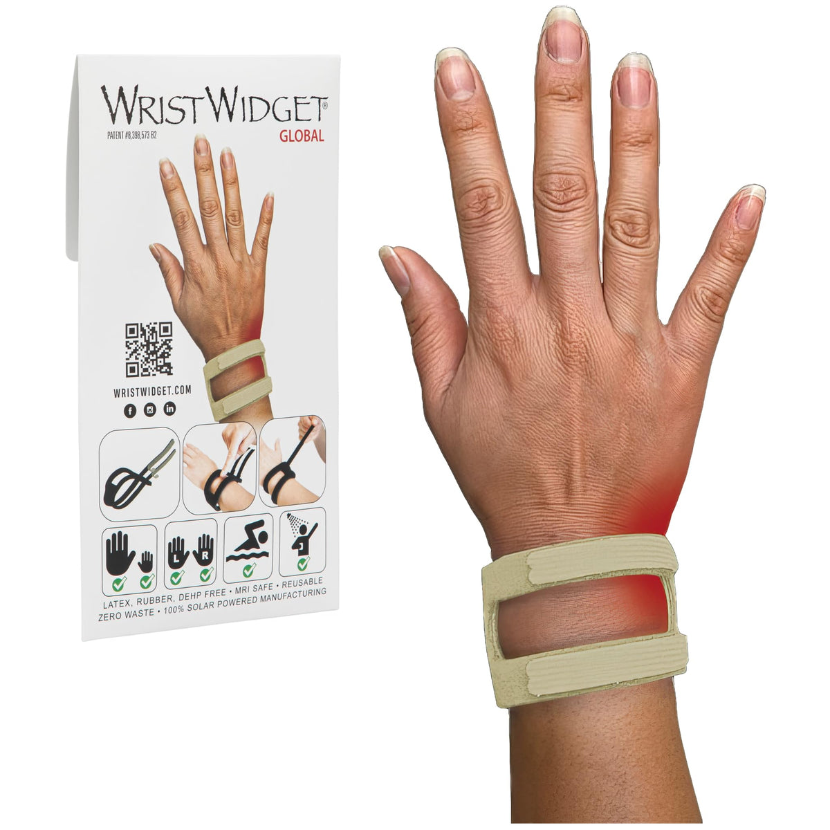 WristWidget vista frontal del empaque mostrando color tan y diseño práctico