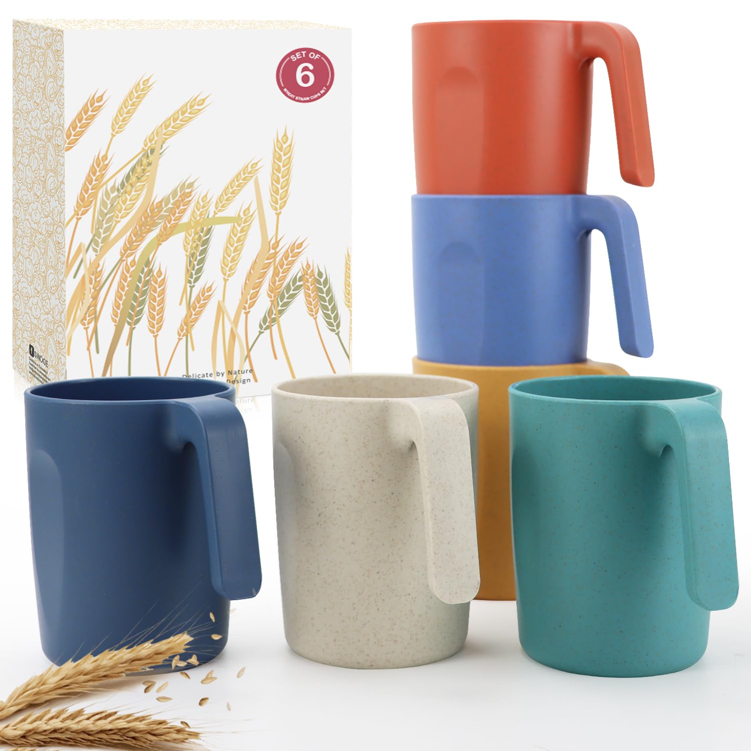 Wrova vaso de paja de trigo frontal con colores vivos y asa, fácil de sostener