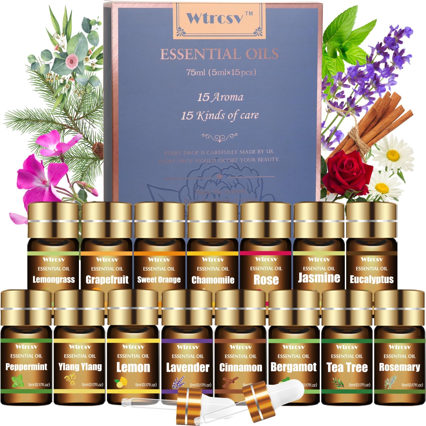Wtrcsv caja frontal mostrando 15 aceites, ideal como regalo