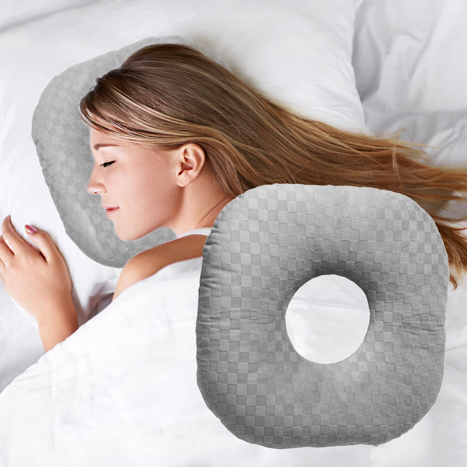 Wuronsa almohada frontal mostrando diseño y agujero para comodidad