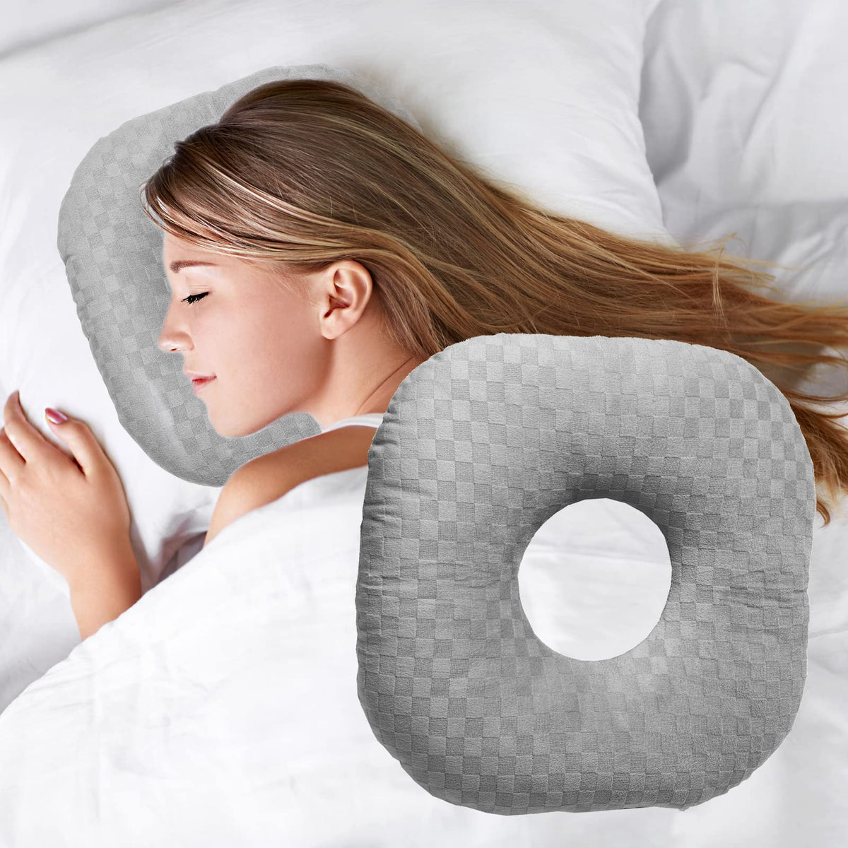 Wuronsa almohada frontal mostrando diseño y agujero para comodidad