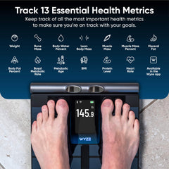 WYZE SCALE icono de Wi‑Fi y Bluetooth, sincronización automática y confiable