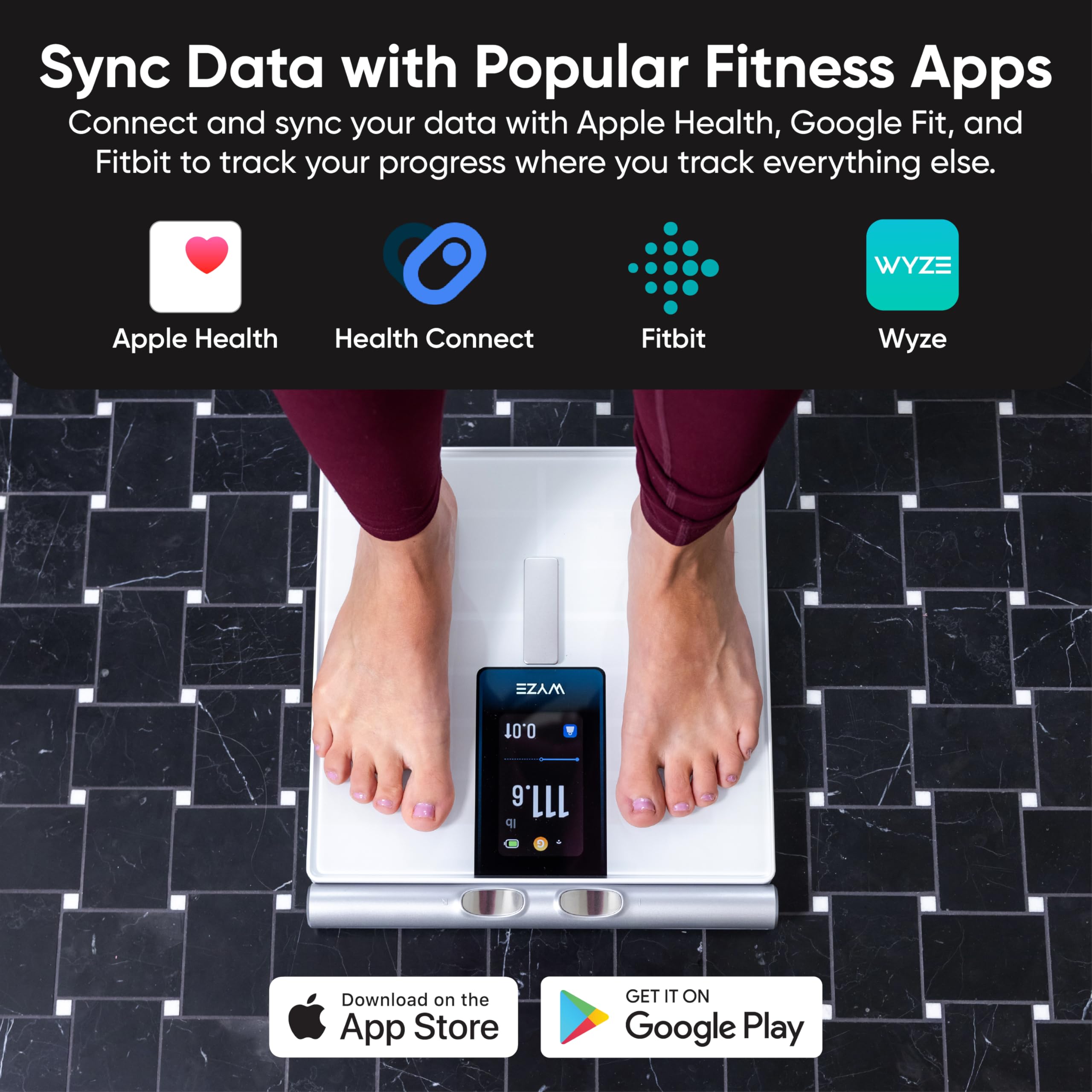 Wyze Scale Ultra con iconos de Wi‑Fi y Bluetooth para sincronización automática