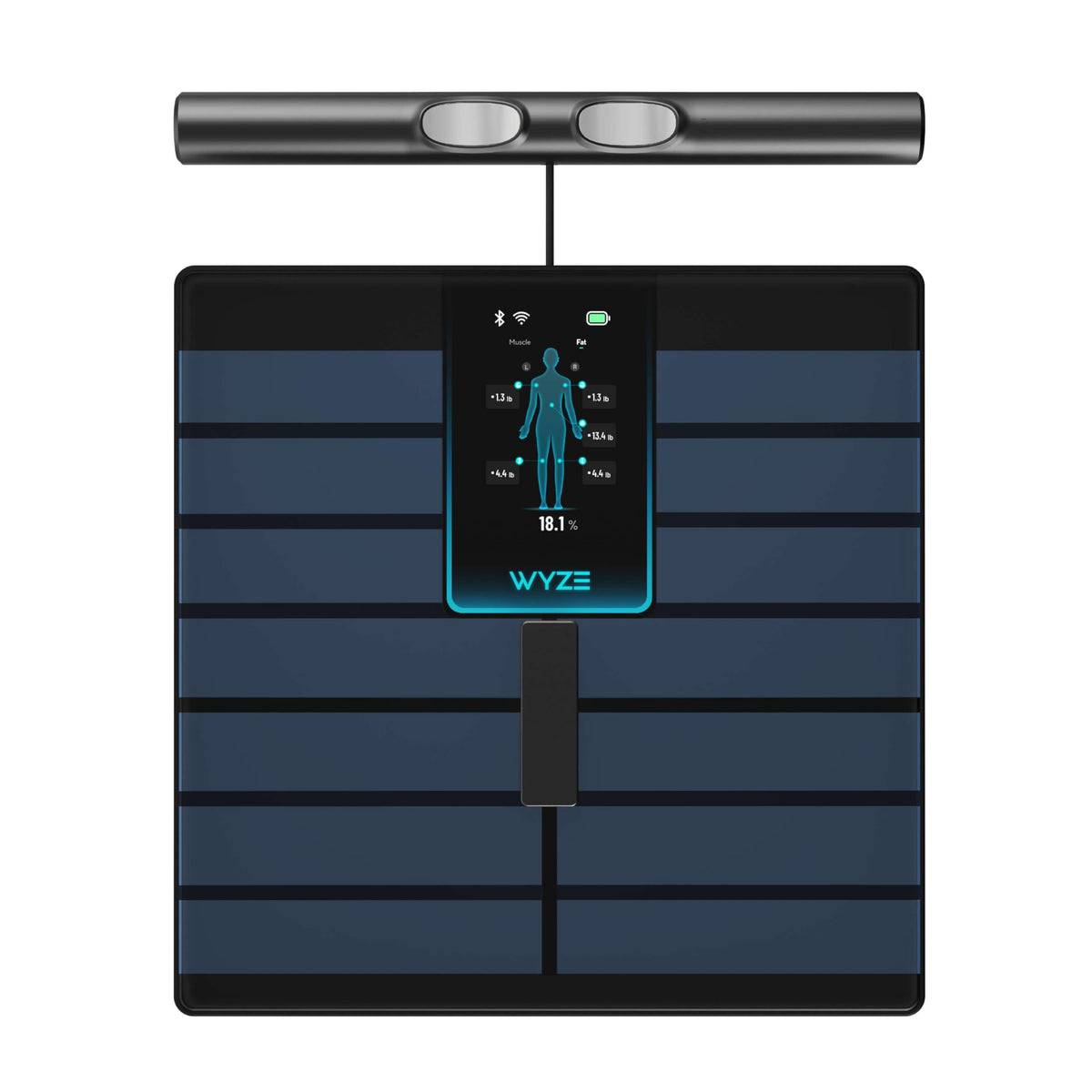WYZE SCALE frente con pantalla a color mostrando métricas, lectura clara instantánea