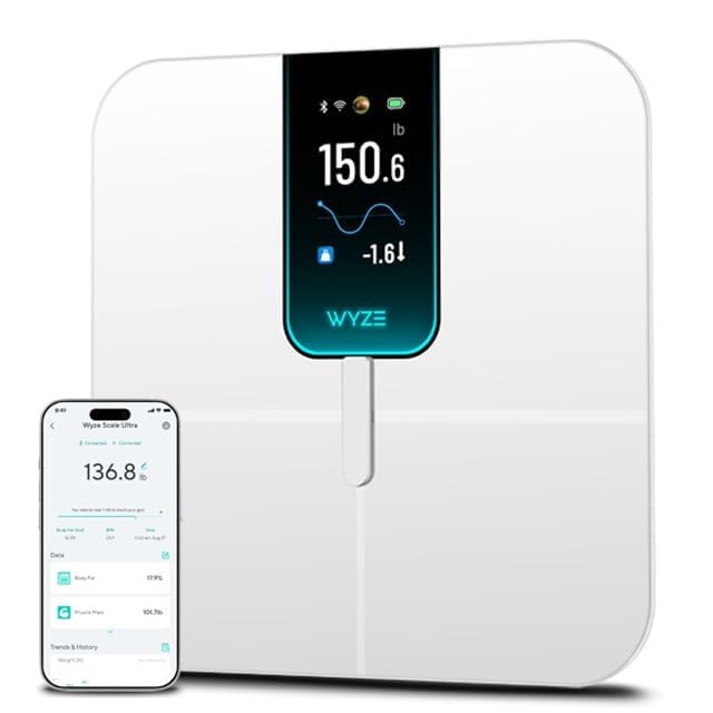 Wyze Scale Ultra frontal con pantalla grande y lectura clara para monitorizar peso