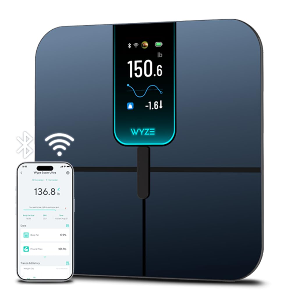 WYZE SCALE vista frontal con pantalla grande y diseño moderno