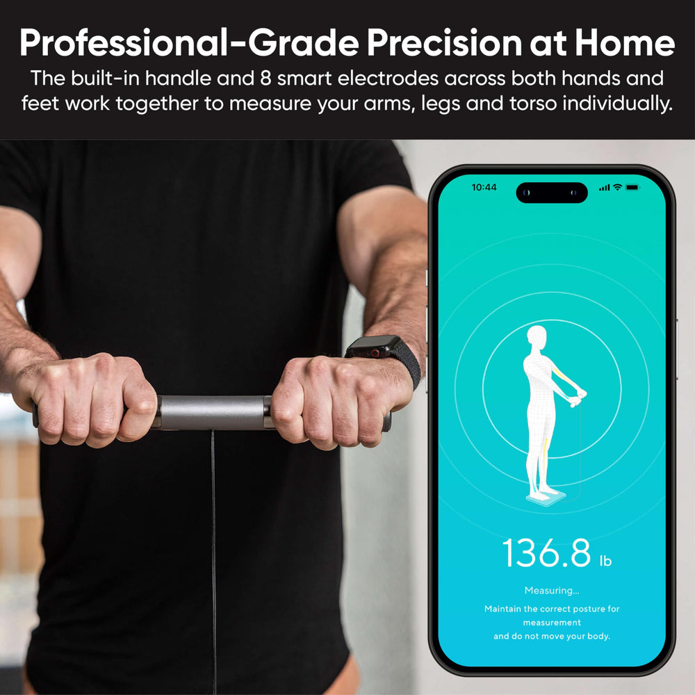 Wyze Scale Ultra pantalla a color mostrando métricas clave sin app