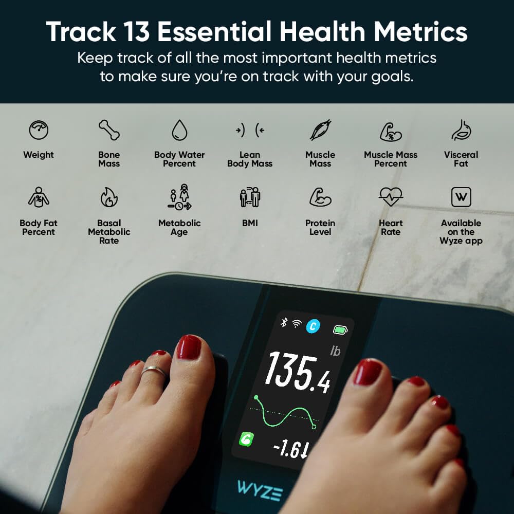 WYZE SCALE en baño mostrando lectura instantánea y facilidad de uso