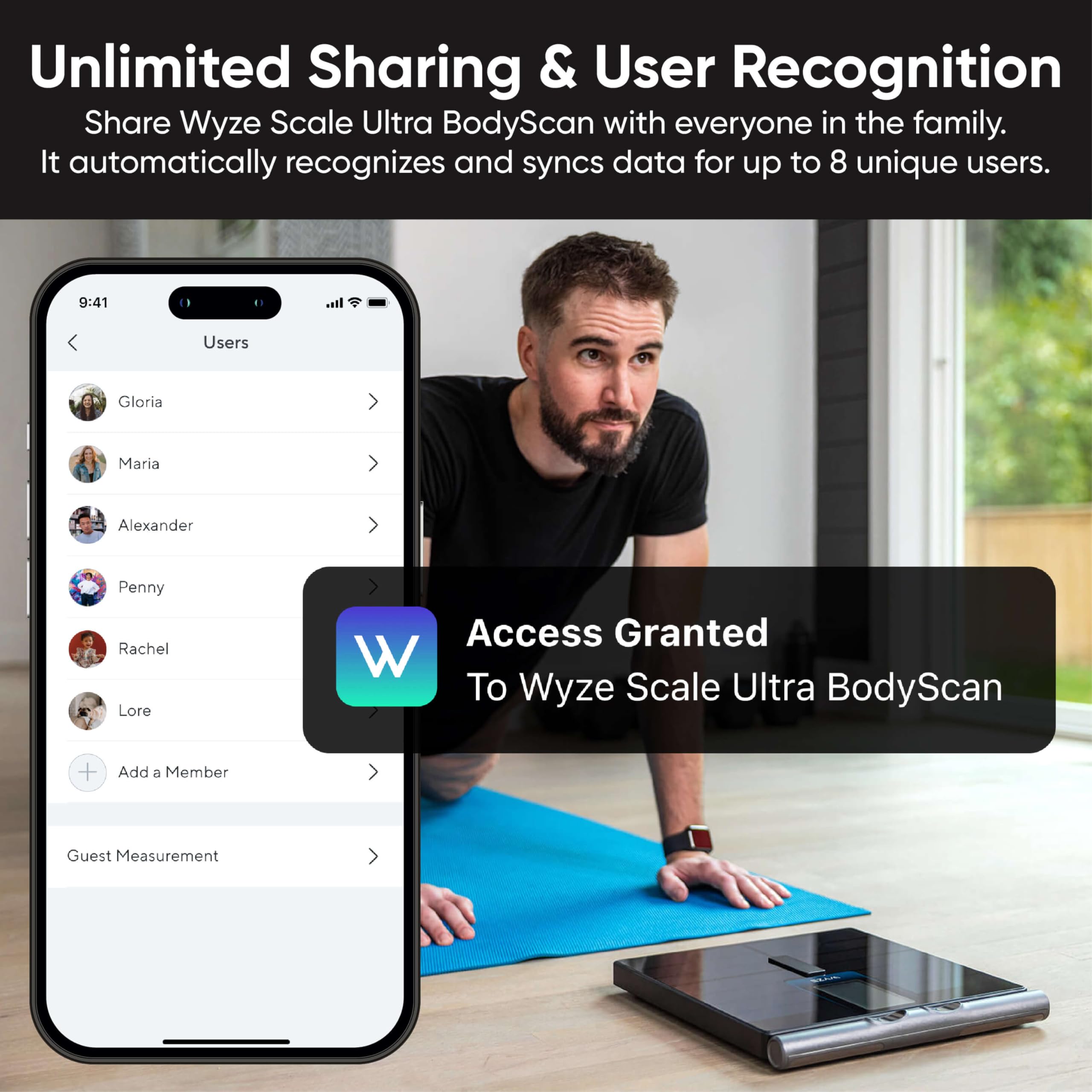 WYZE SCALE familia usando la báscula, reconocimiento de usuarios sencillo