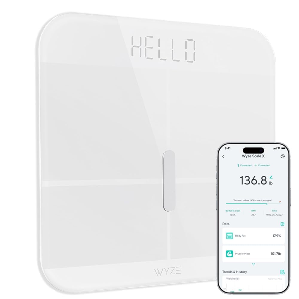 Wyze Smart Scale X vista frontal blanca mostrando diseño elegante y lectura clara