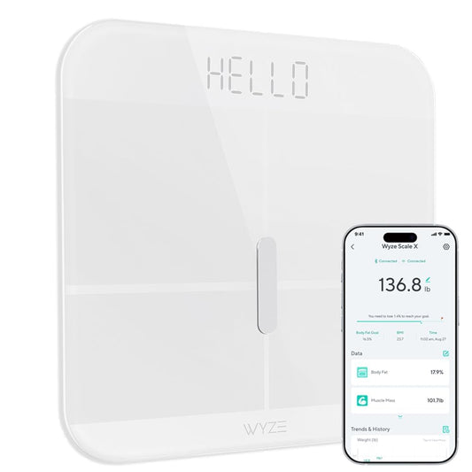 Wyze Smart Scale X vista frontal blanca mostrando diseño elegante y lectura clara