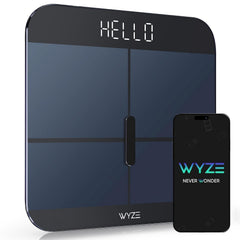 WYZE báscula frontal negra mostrando diseño elegante y precisión