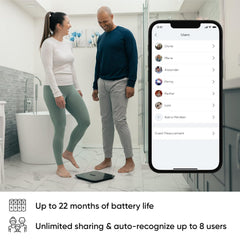 Wyze Smart Scale X con app Wyze en smartphone sincronizando datos y tendencias
