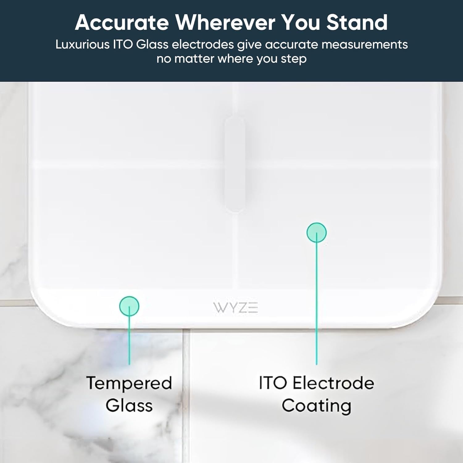 Wyze Smart Scale X superficie de vidrio ITO mostrando acabado preciso y durable