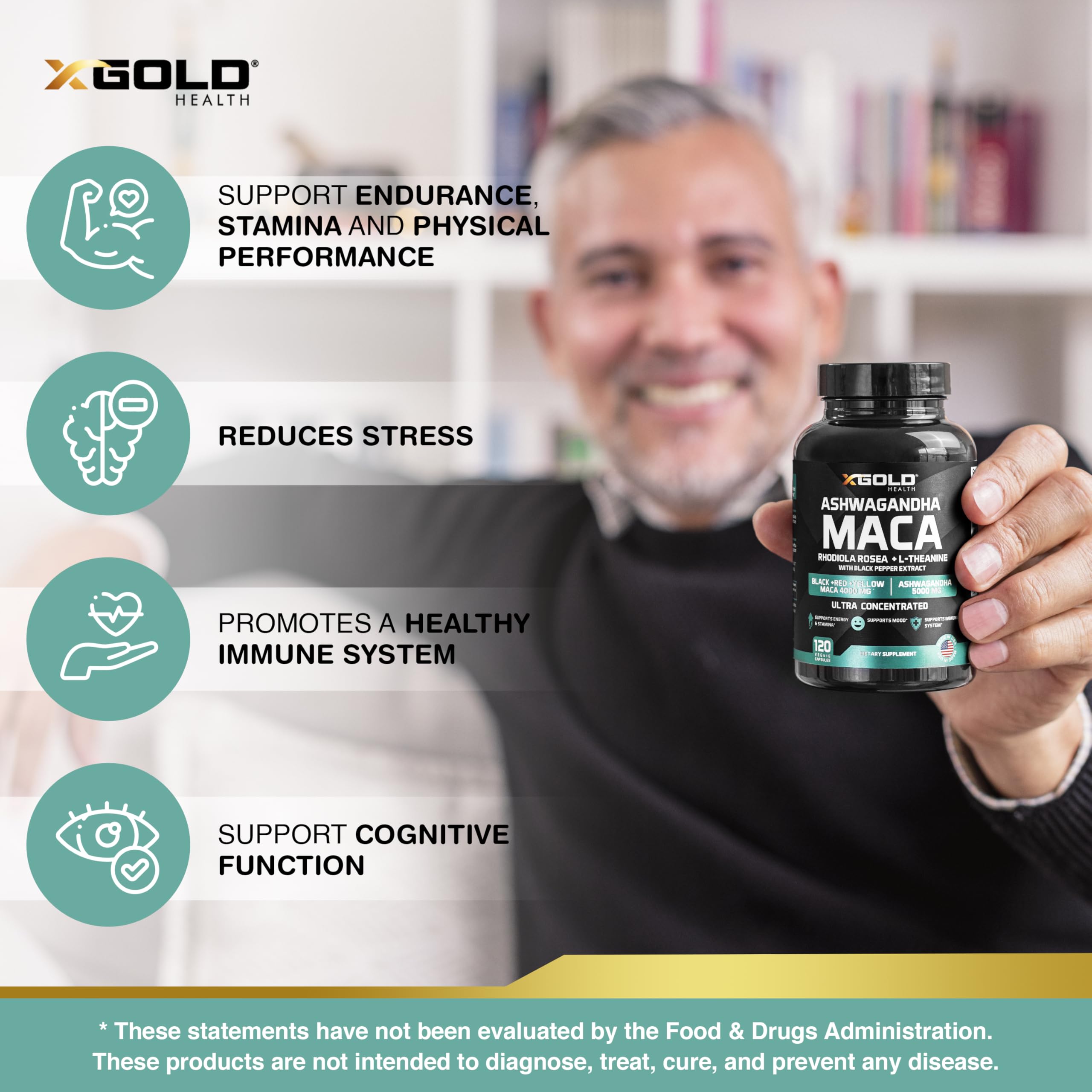 X Gold Health primer plano de raíz de ashwagandha destacando extracto concentrado